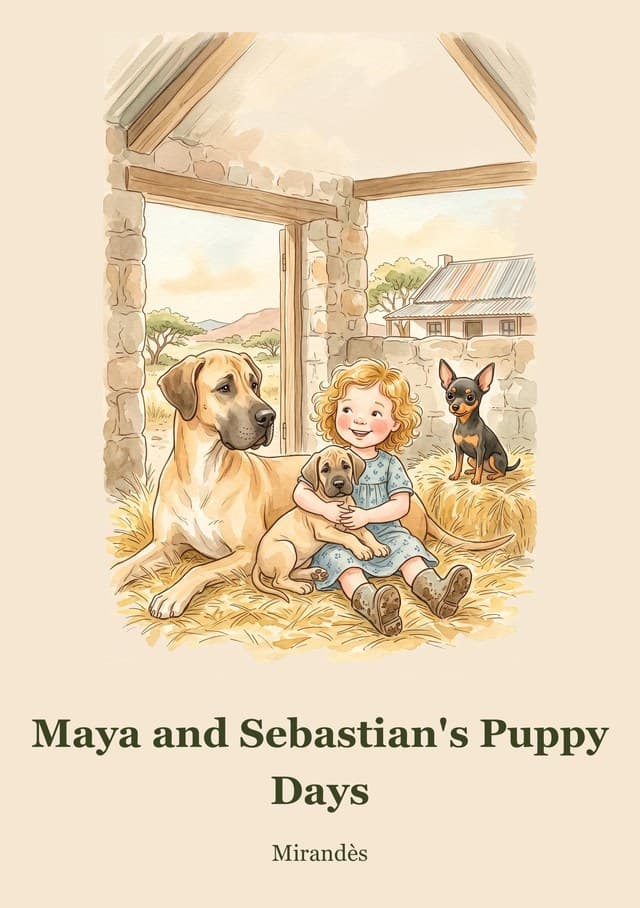Maya and Sebastian's Puppy Days — a small girl sitting in the straw holding a Great Dane puppy, with the mother dog beside her.