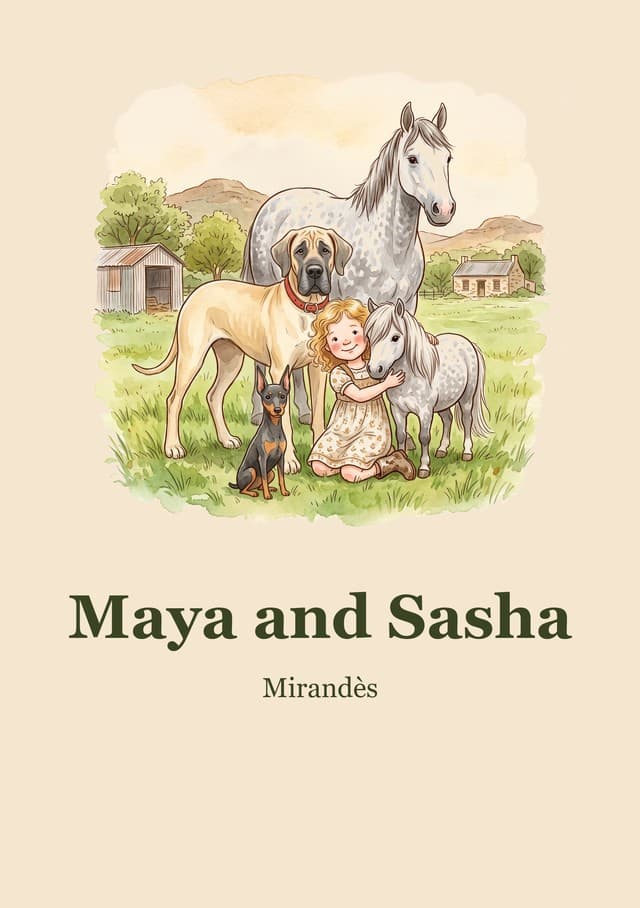 Maya and Sasha — a small girl hugging a little grey horse, with a Great Dane, a tiny dog and a big grey horse beside them.