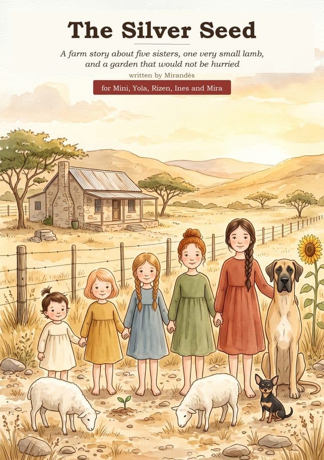 The Silver Seed — five sisters standing on a dry farm with a Great Dane, a small dog and two lambs.