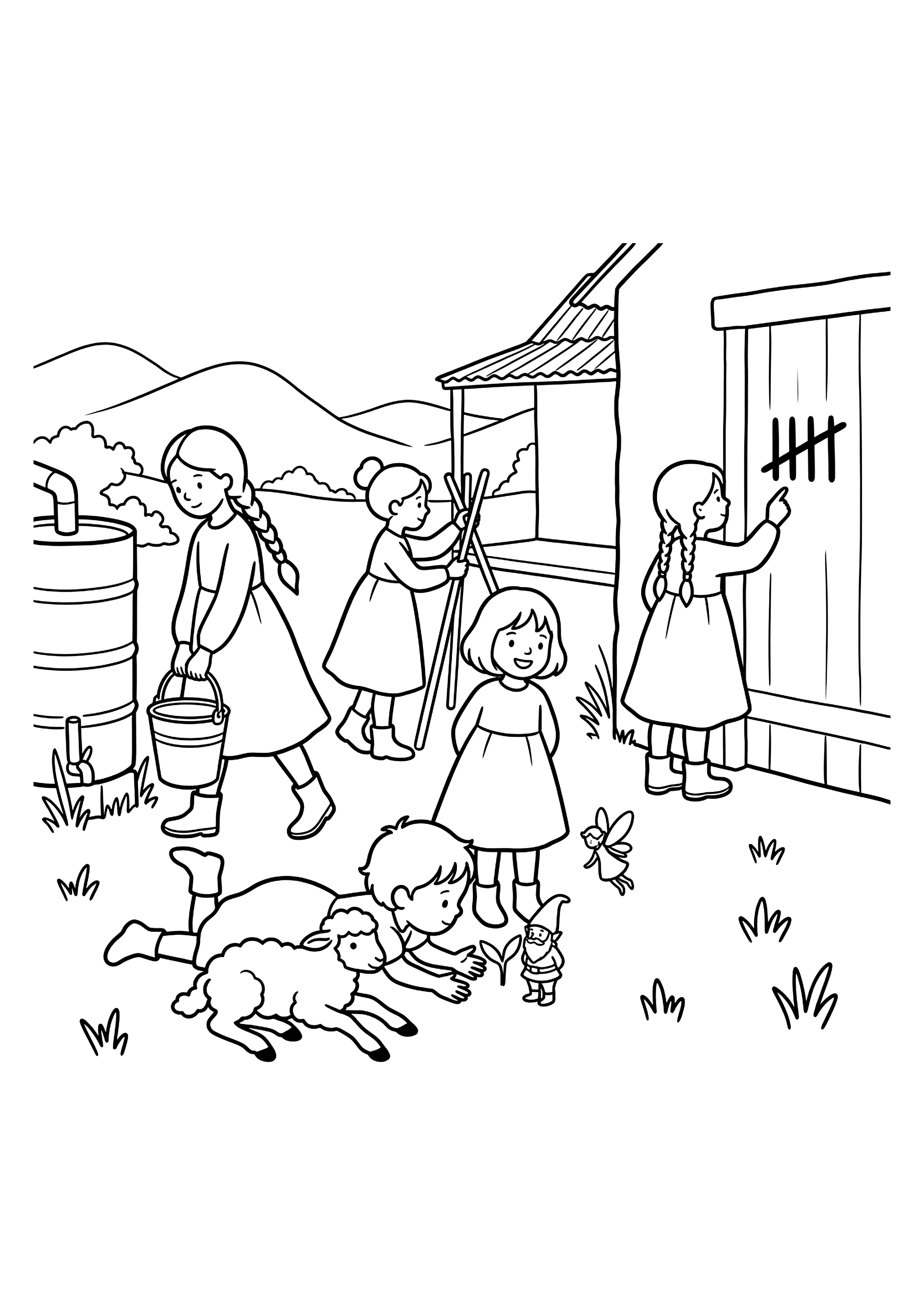 Colouring page of children waiting and counting days on a dry farm.