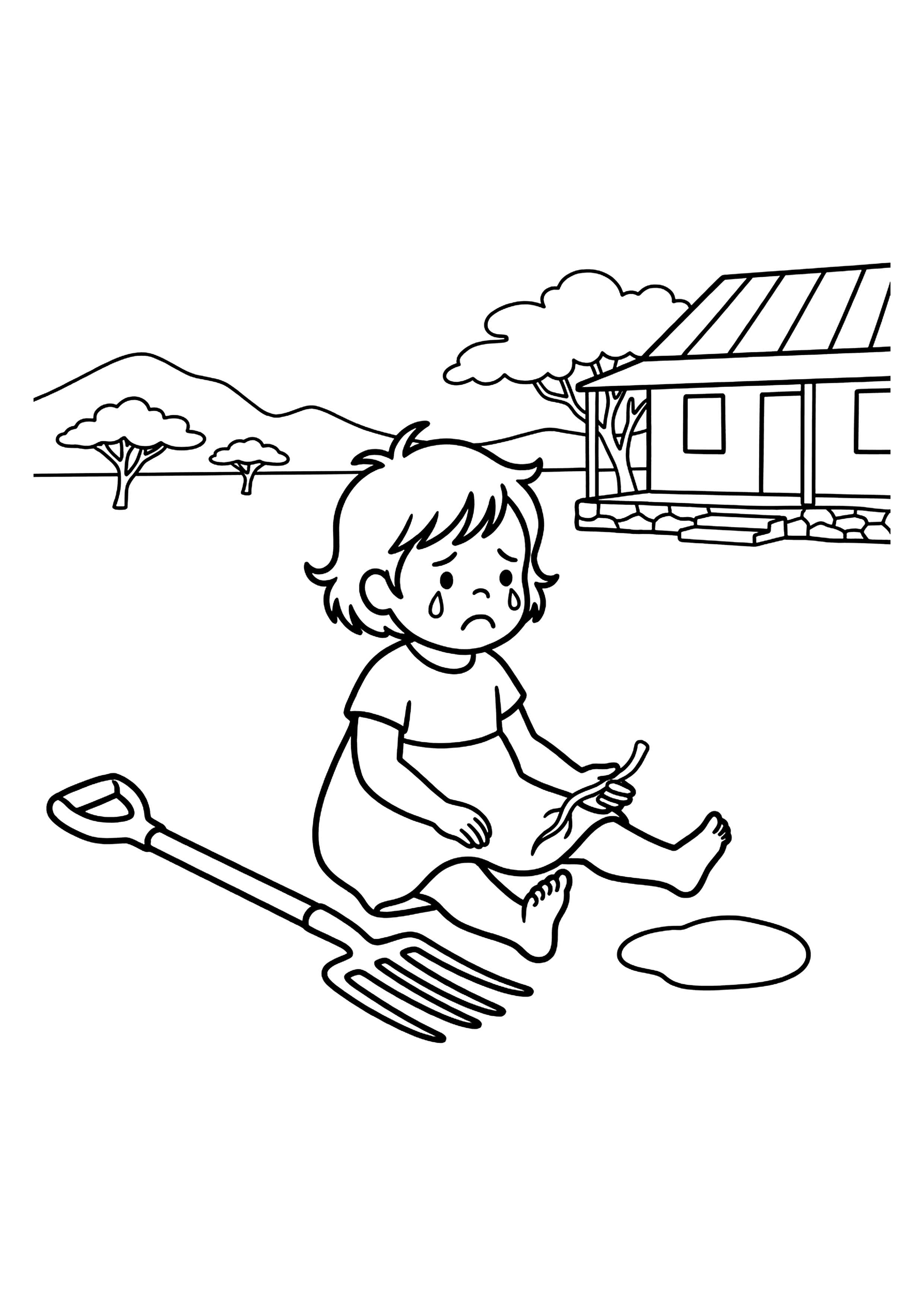 Colouring page of a small empty hole dug in dry farm soil.