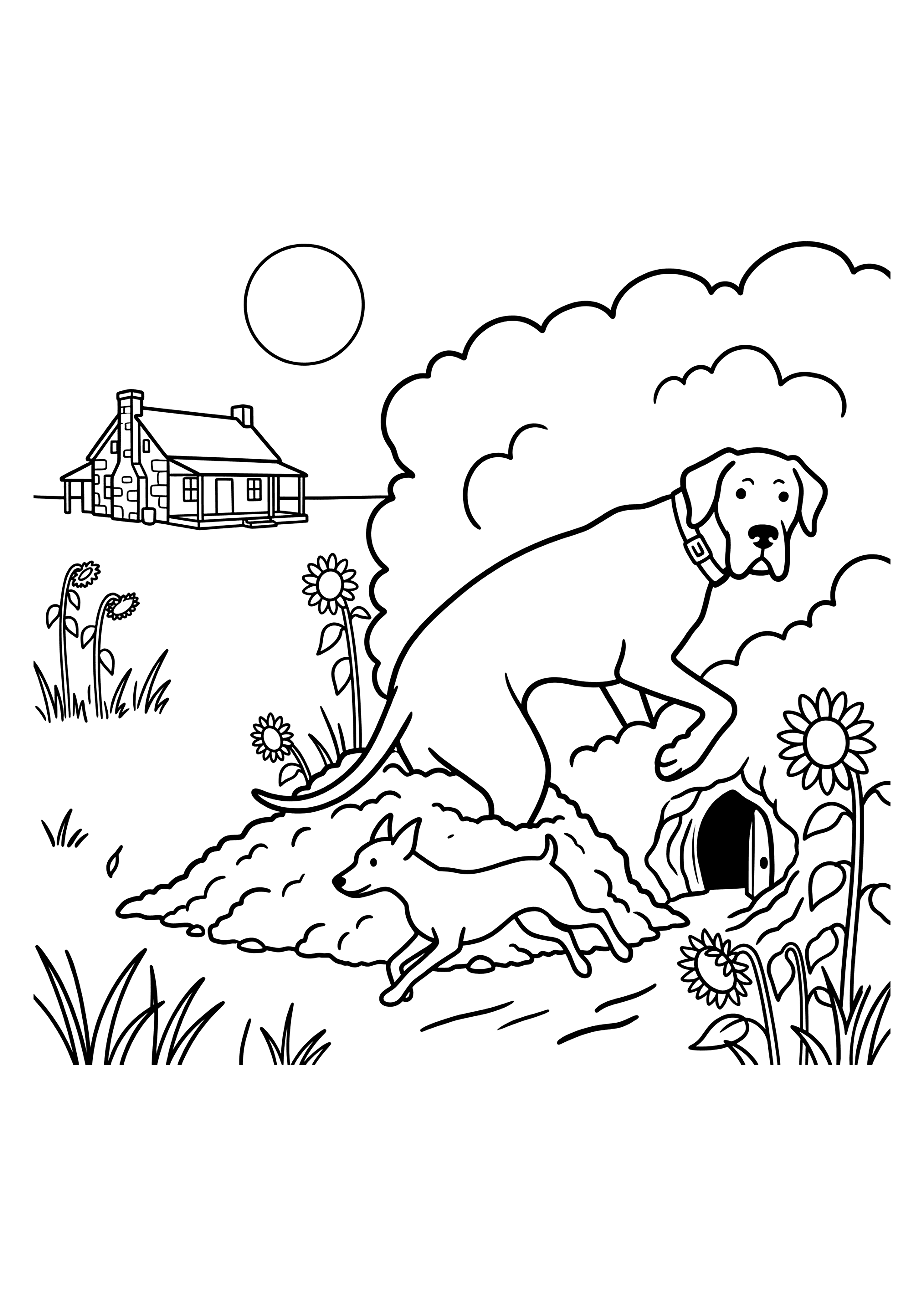 Colouring page of a Great Dane digging into a hedge with earth flying.