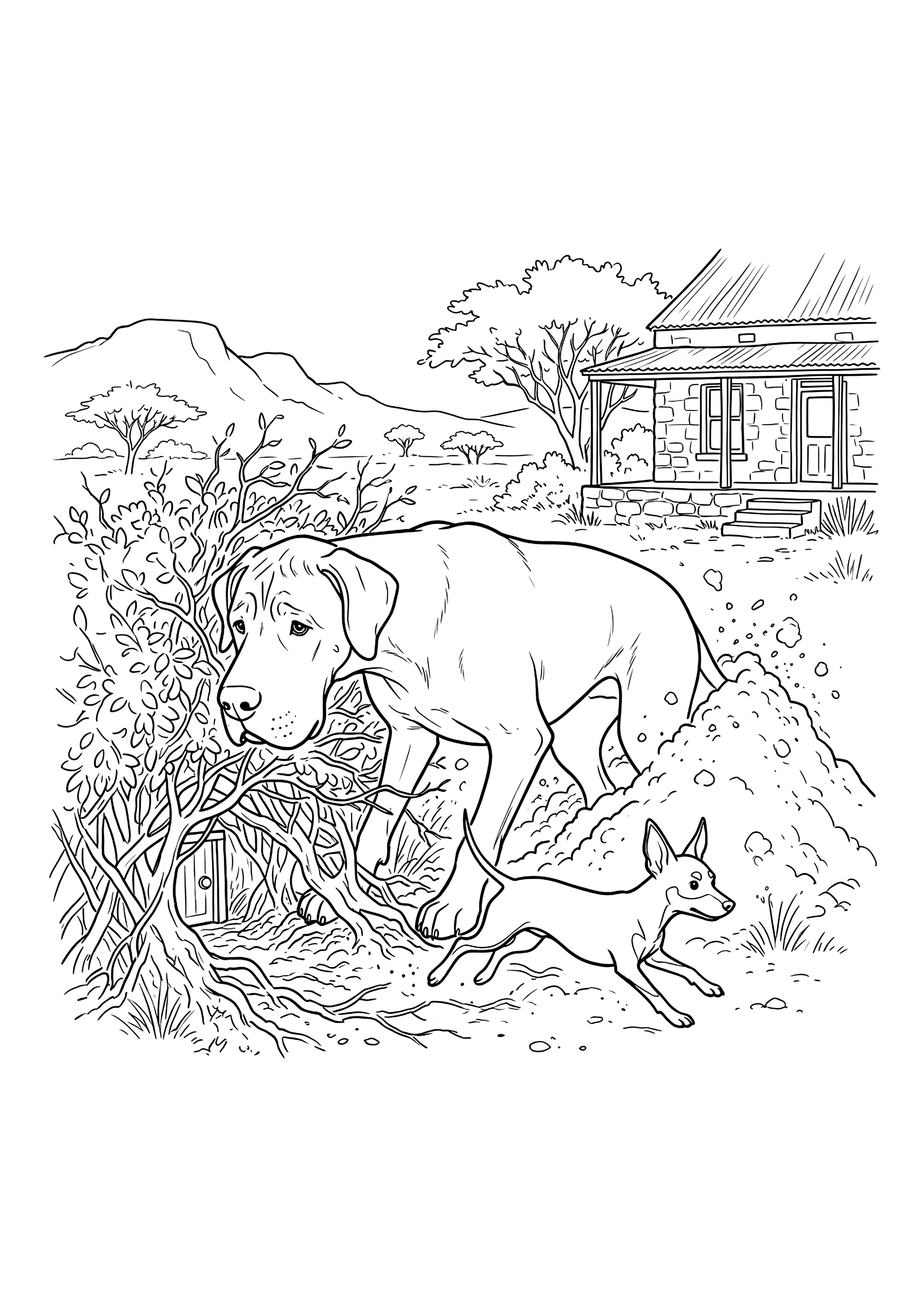 Colouring page of a Great Dane and a small black-and-tan dog beside a hedge.