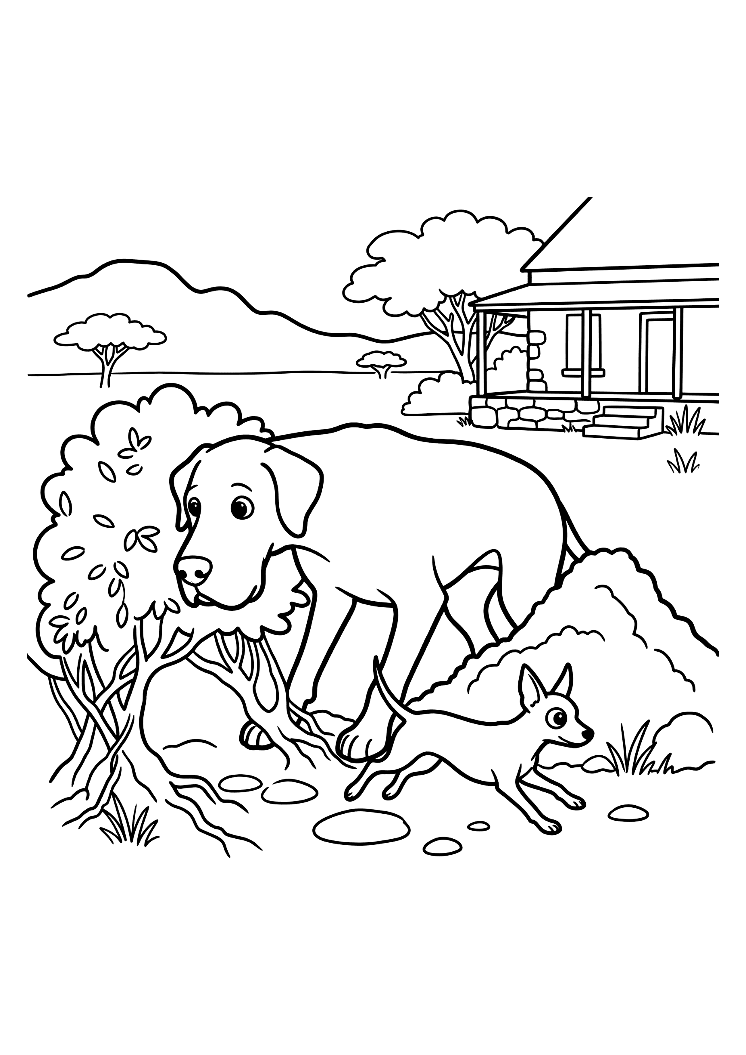 Simple colouring page of a dog digging under a hedge.