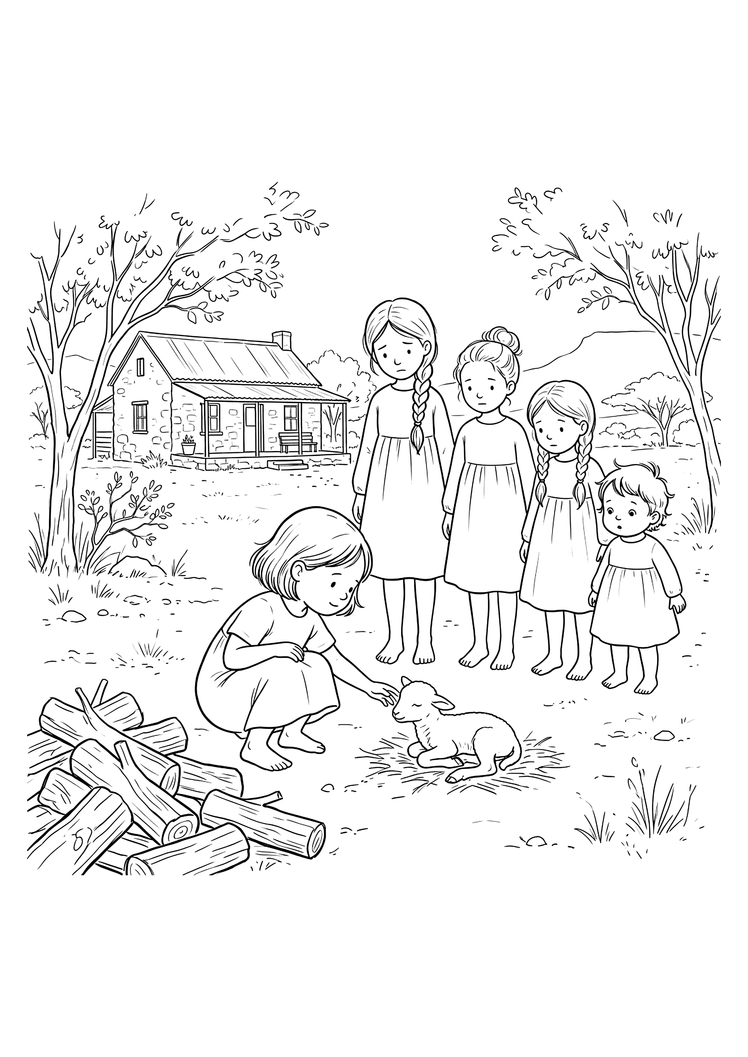 Colouring page of a child finding a newborn lamb behind a woodpile.