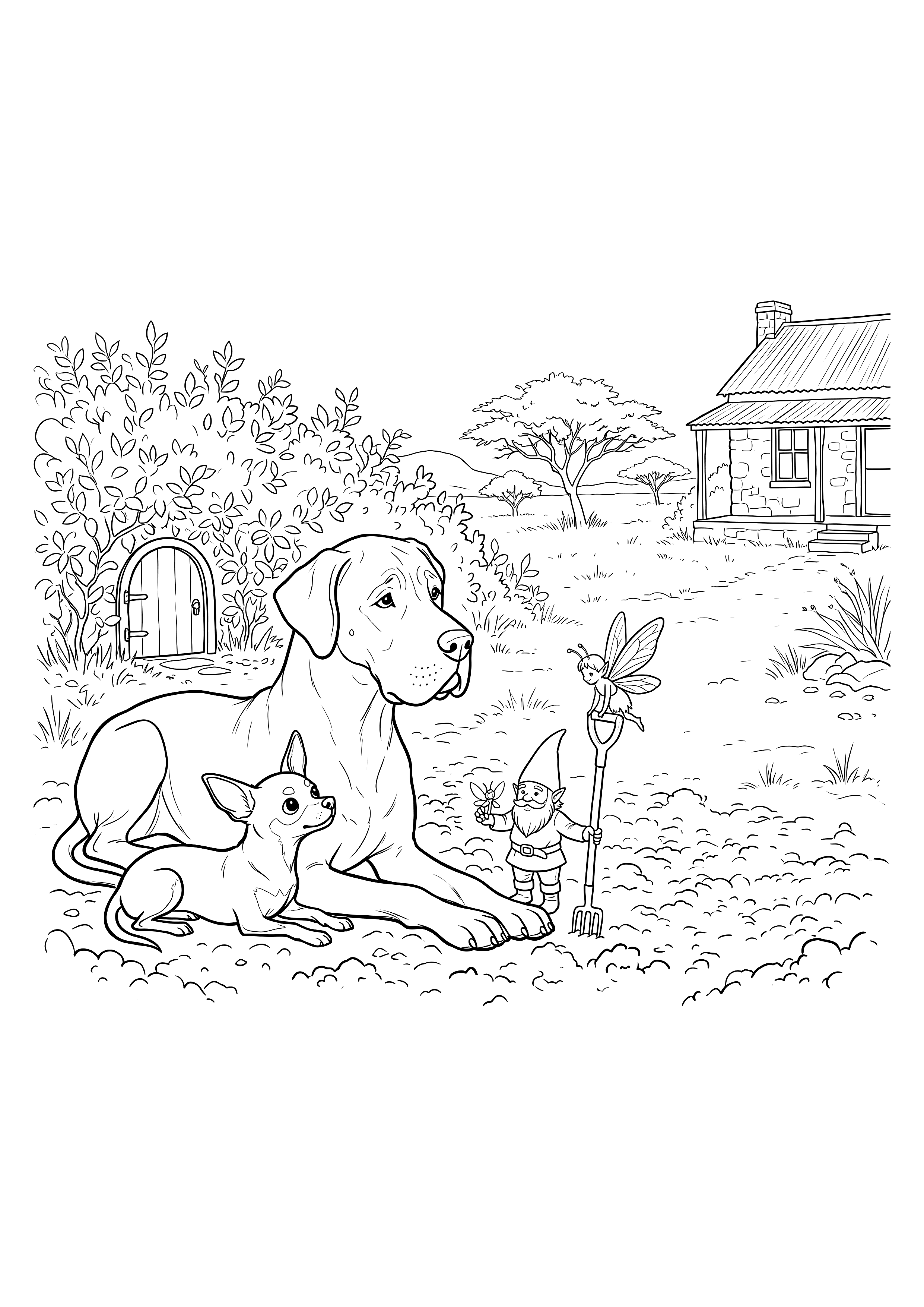 Colouring page of a Great Dane resting with a small dog, a gnome and a fairy.
