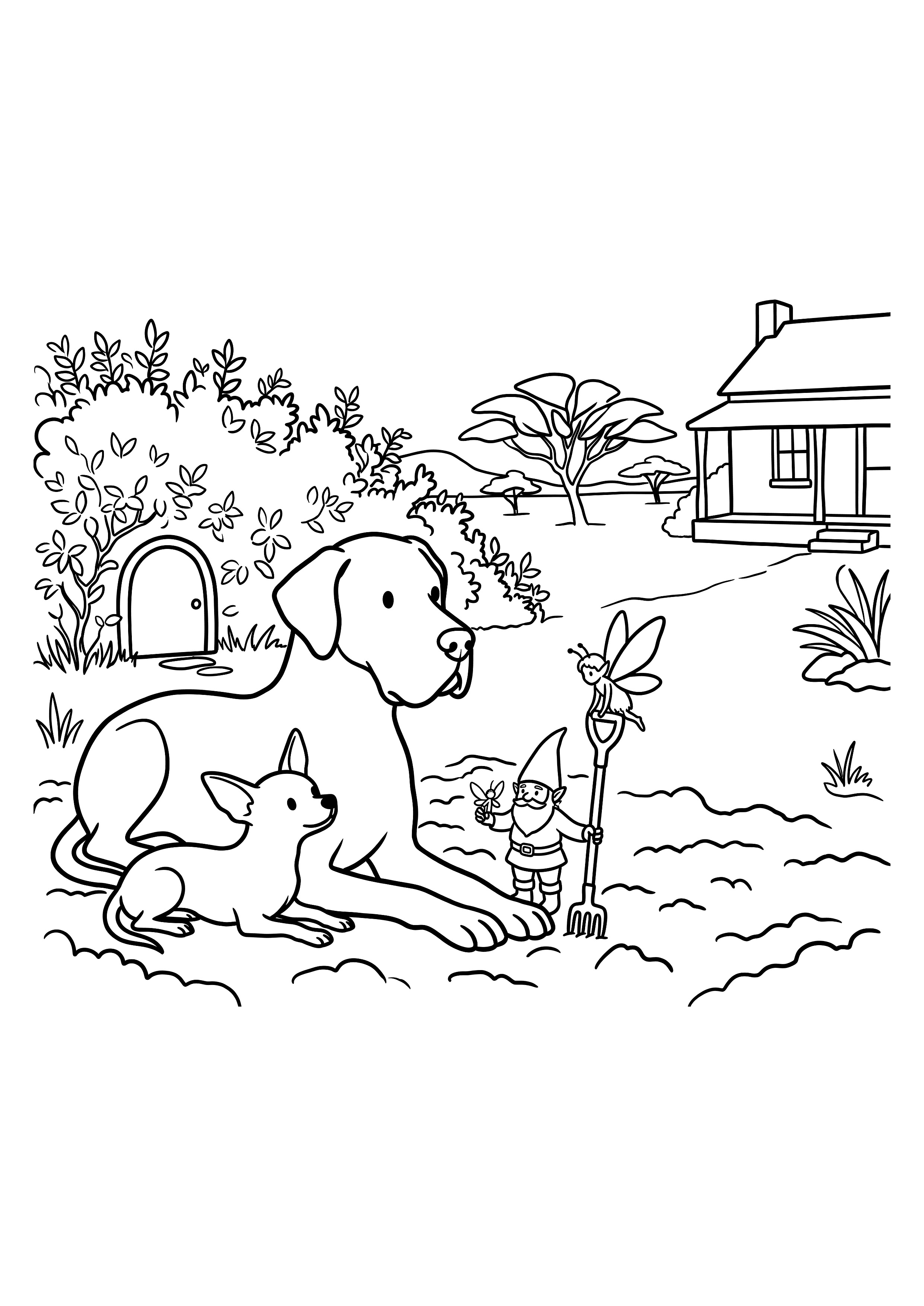Simple colouring page of a big dog, a small dog, a gnome and a fairy.