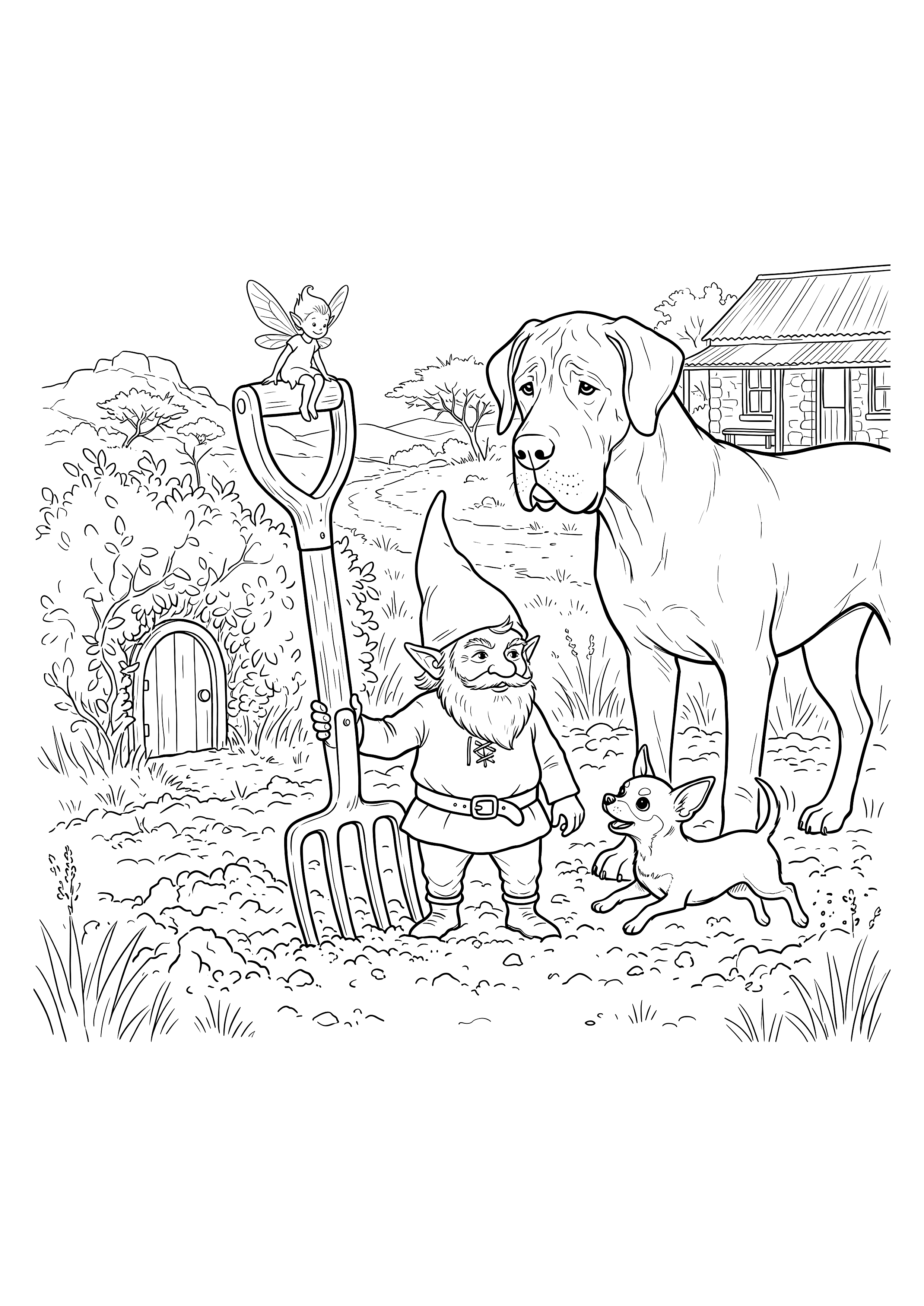 Colouring page of a gnome, a fairy, a Great Dane and a small dog together.
