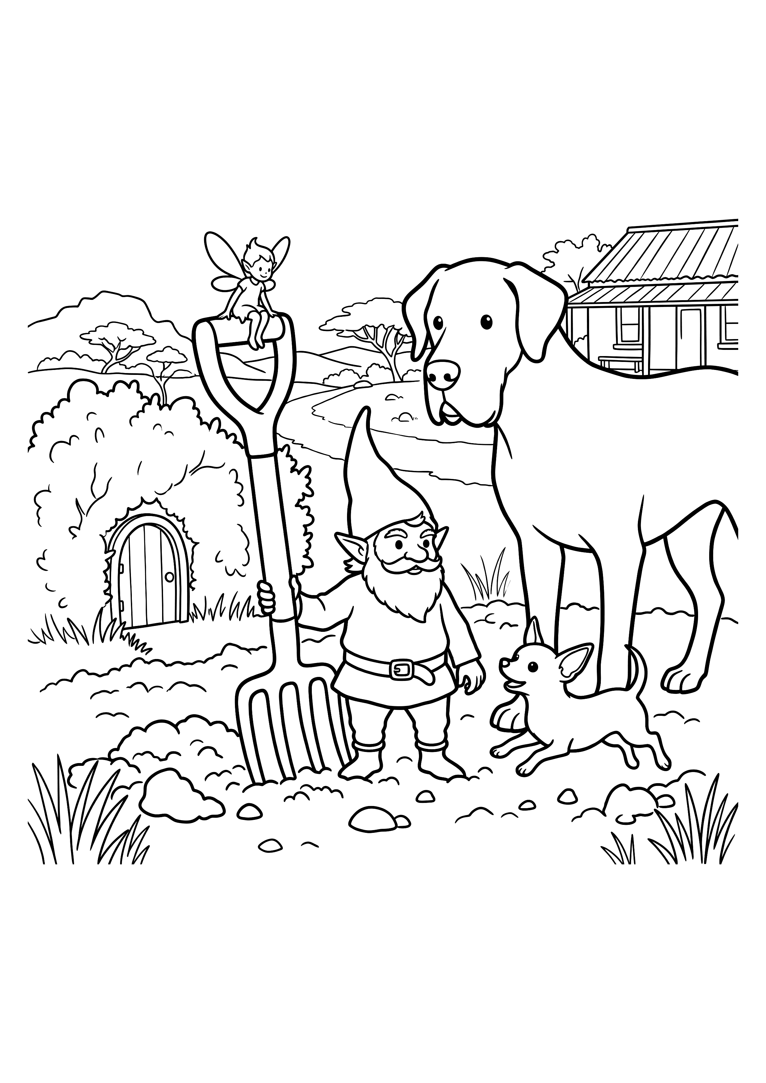 Simple colouring page of a gnome, a fairy and two dogs.