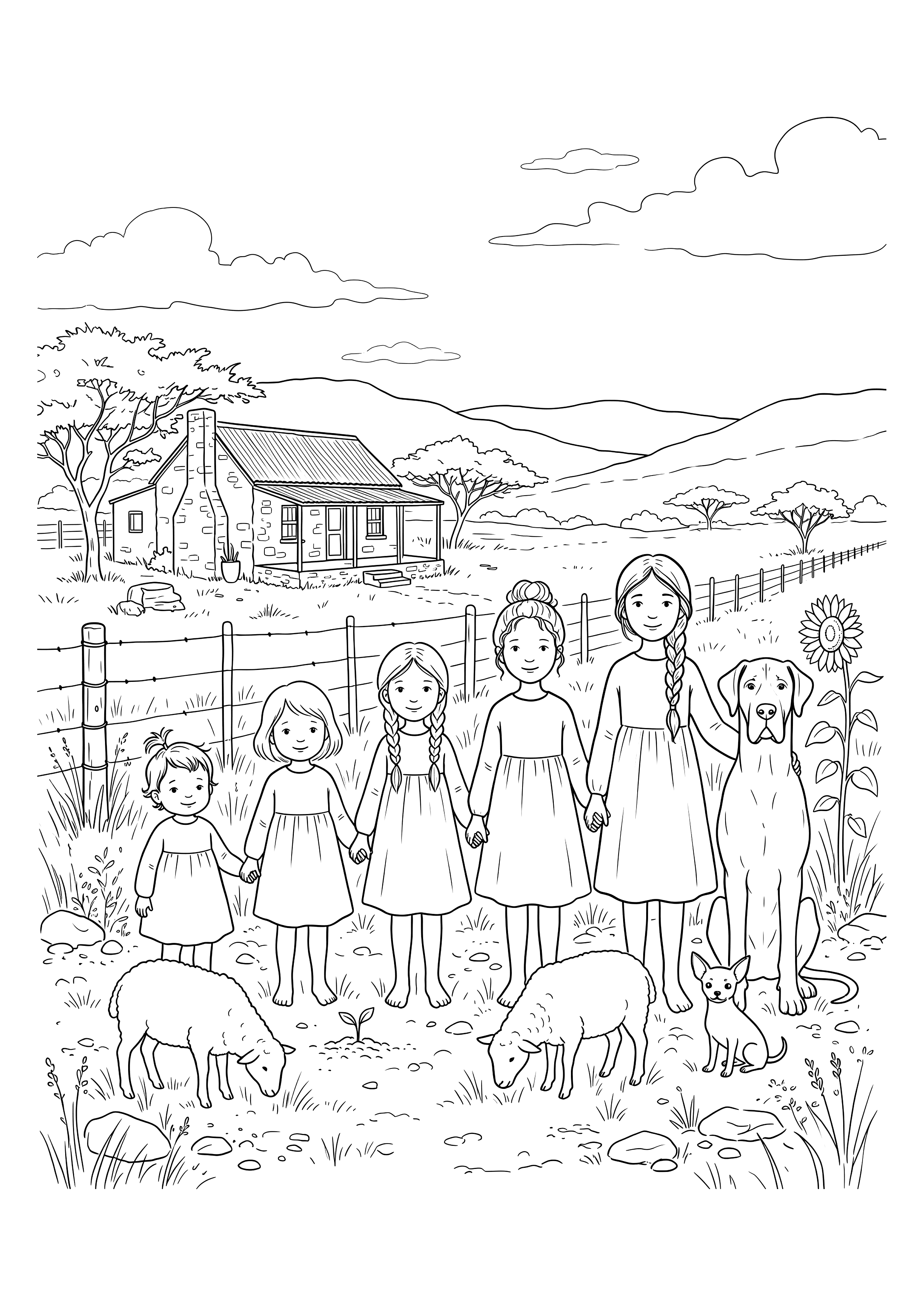 Colouring page of five sisters standing on a farm with two dogs and two lambs.