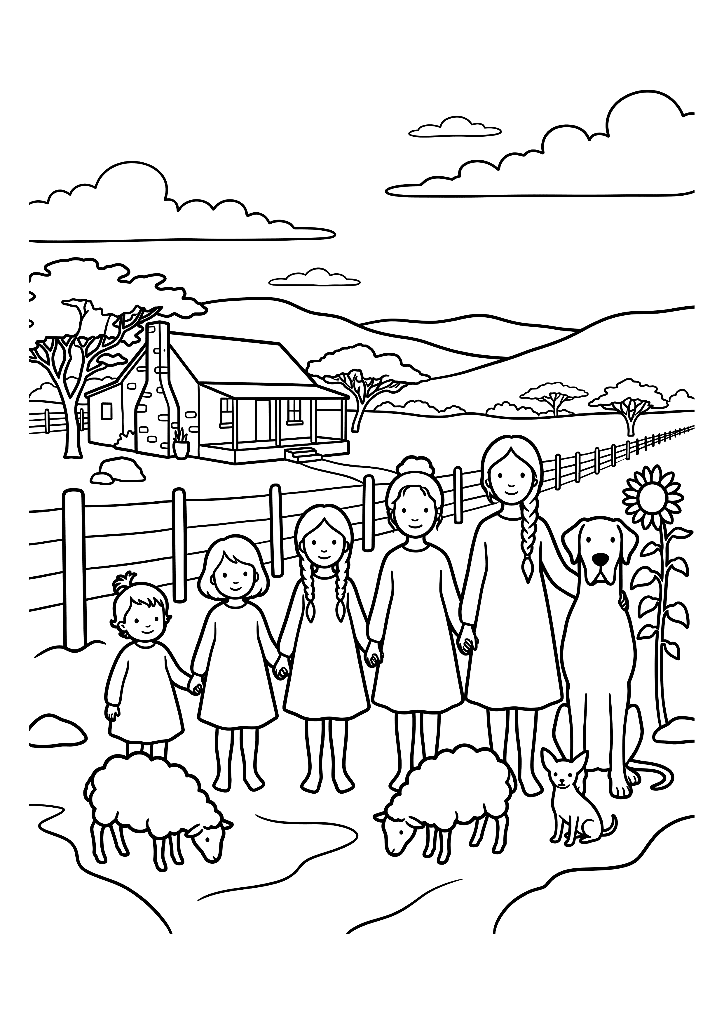 Simple colouring page of five sisters with dogs and lambs on a farm.