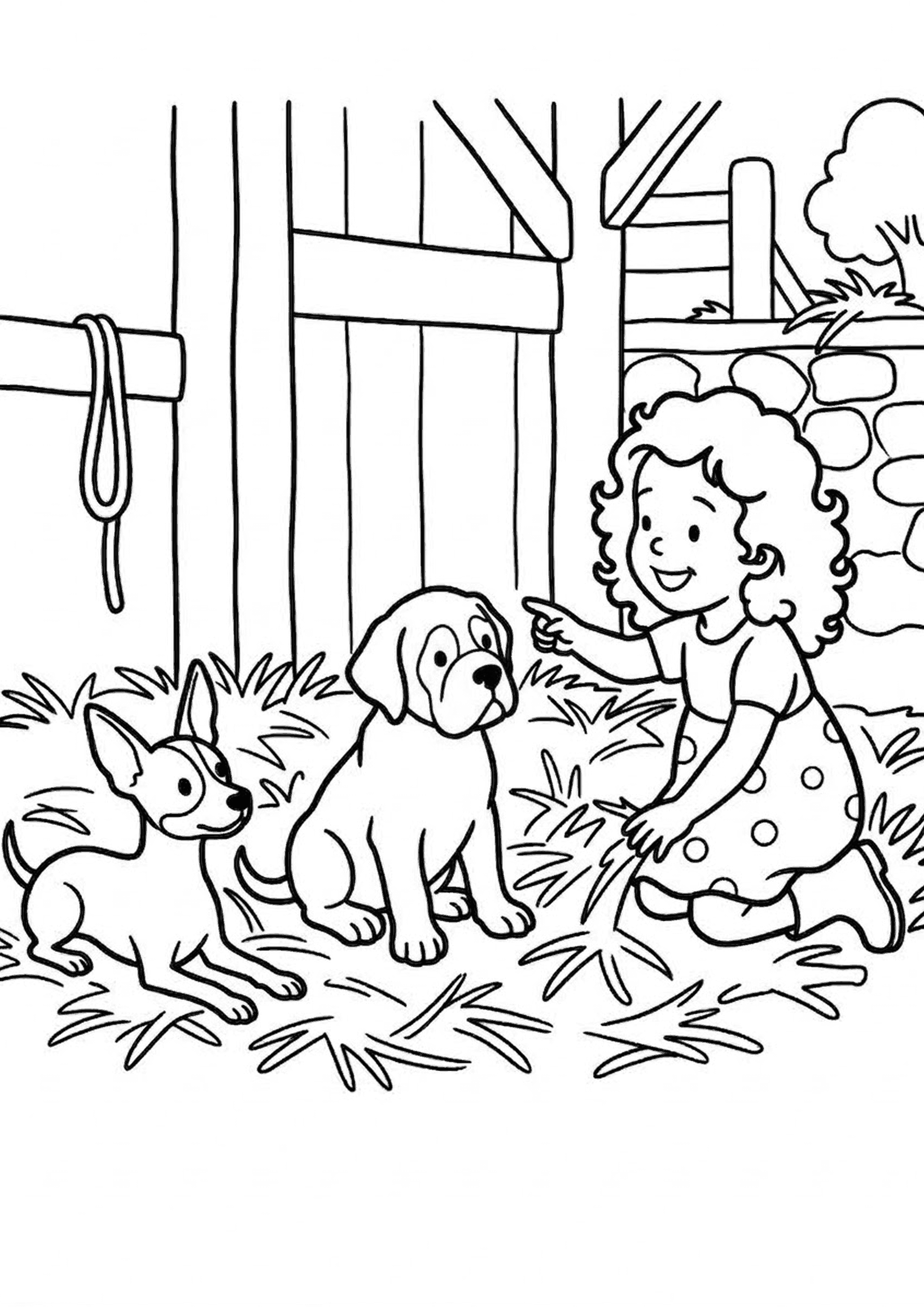 Colouring page of a small girl in the straw with a puppy and a tiny dog.