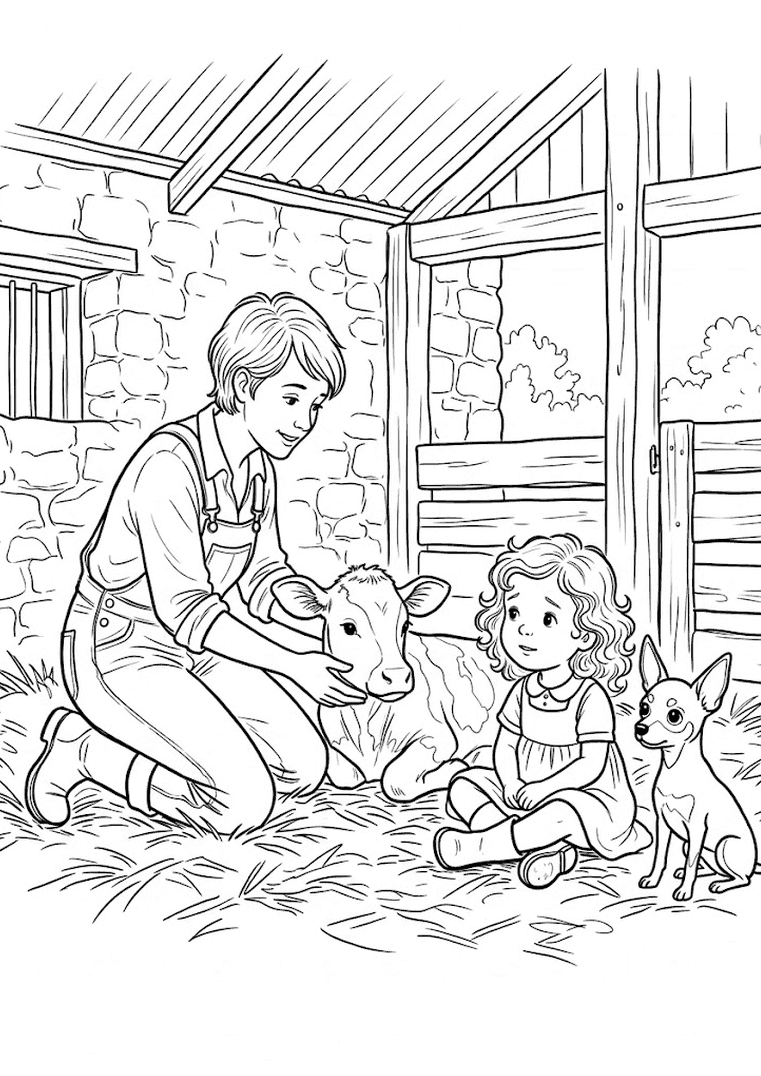 Colouring page of a farmer kneeling beside a calf with a child and a small dog.