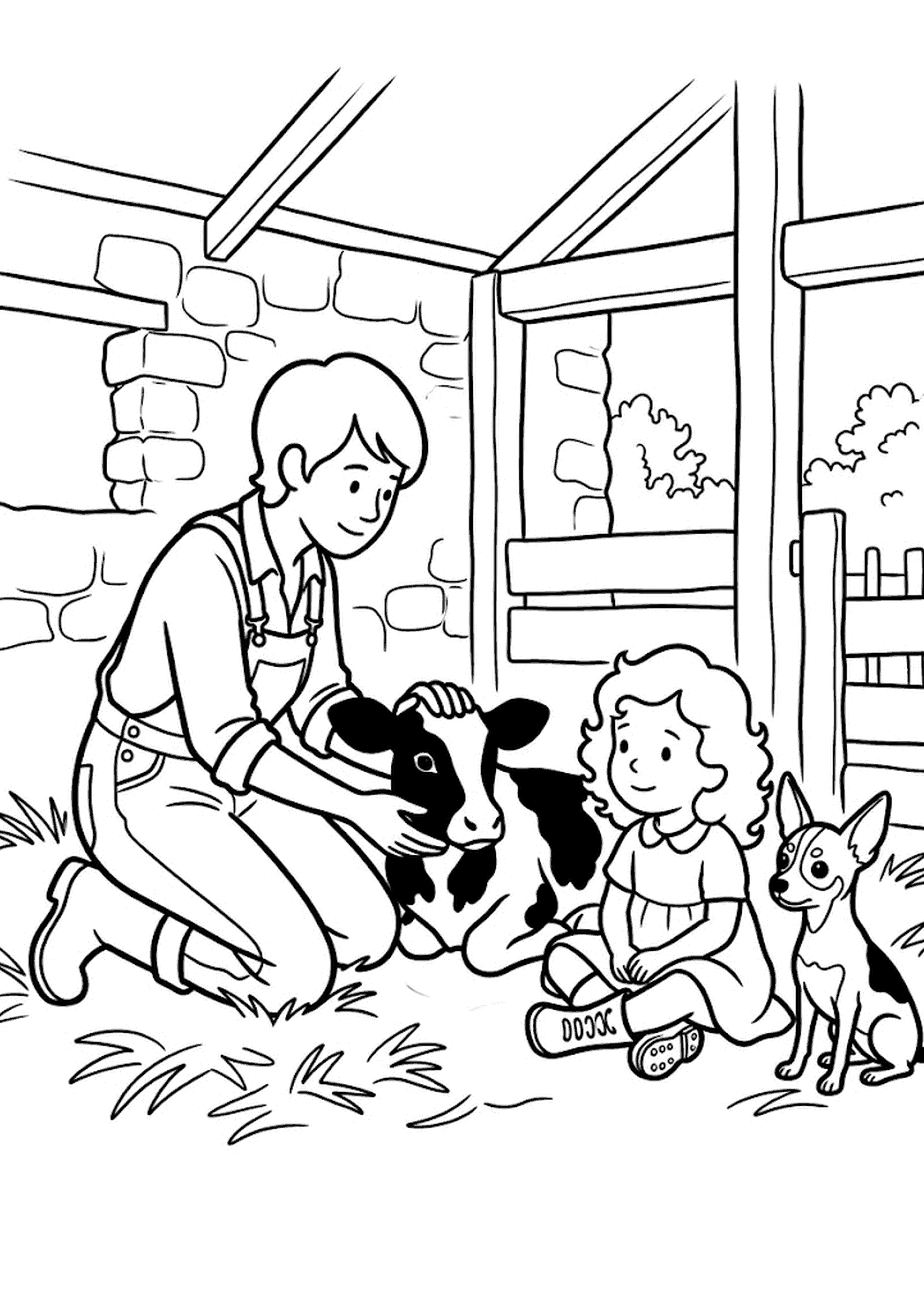 Colouring page of a black and white calf with a farmer, a child and a small dog.