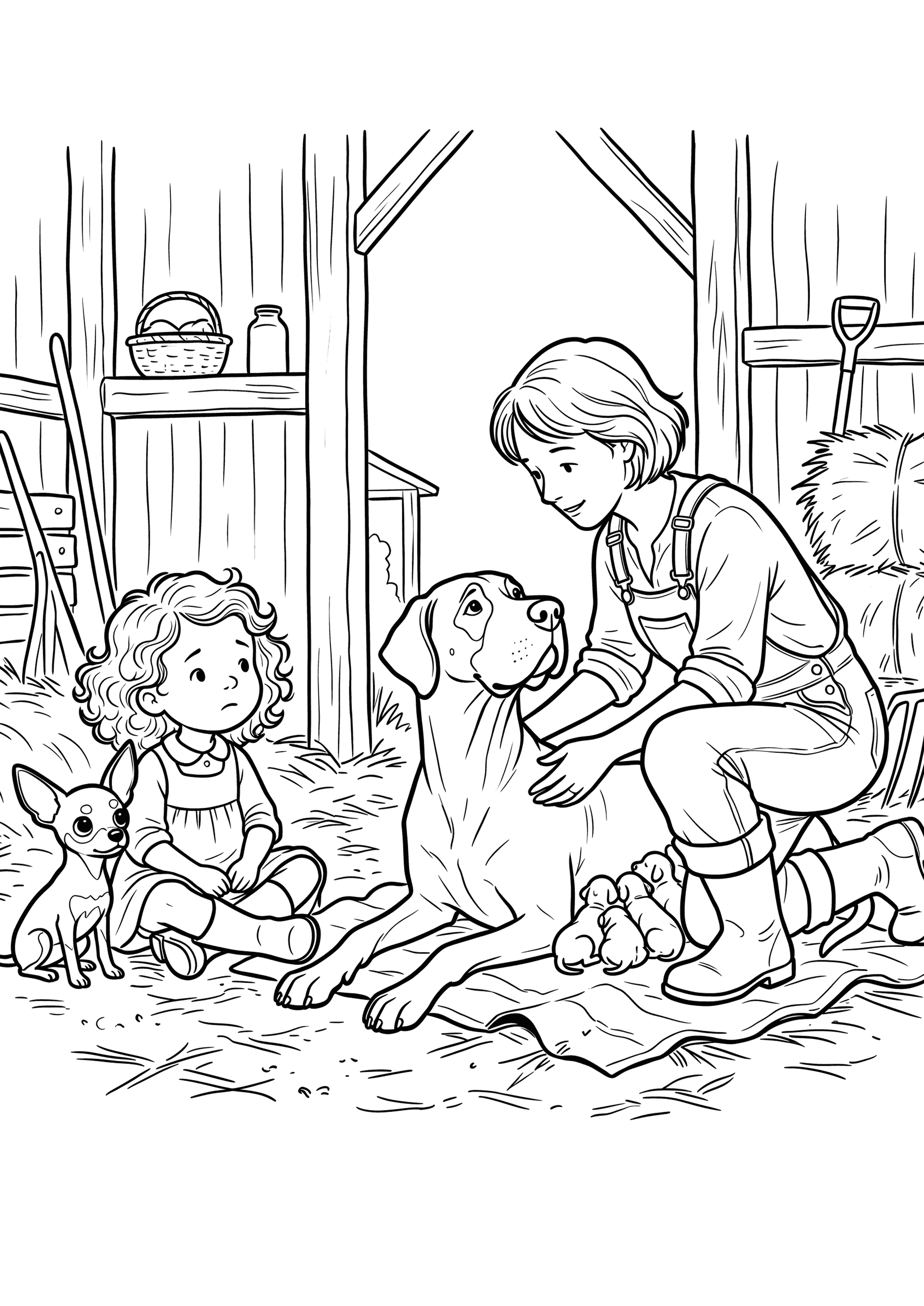 Colouring page of a big dog lying with newborn puppies, a woman and a child beside her.