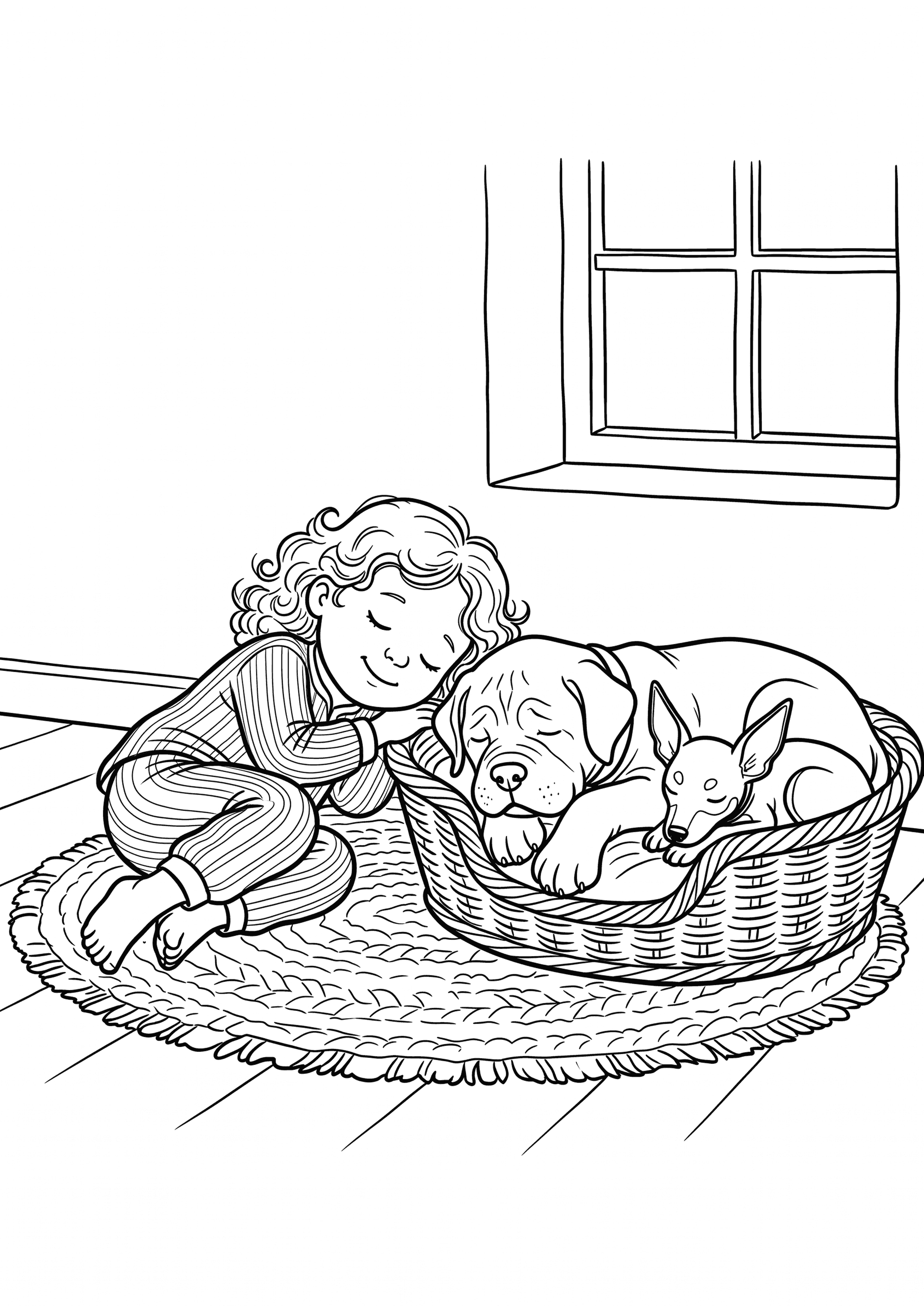 Colouring page of a child asleep on the floor beside a basket with a puppy in it.
