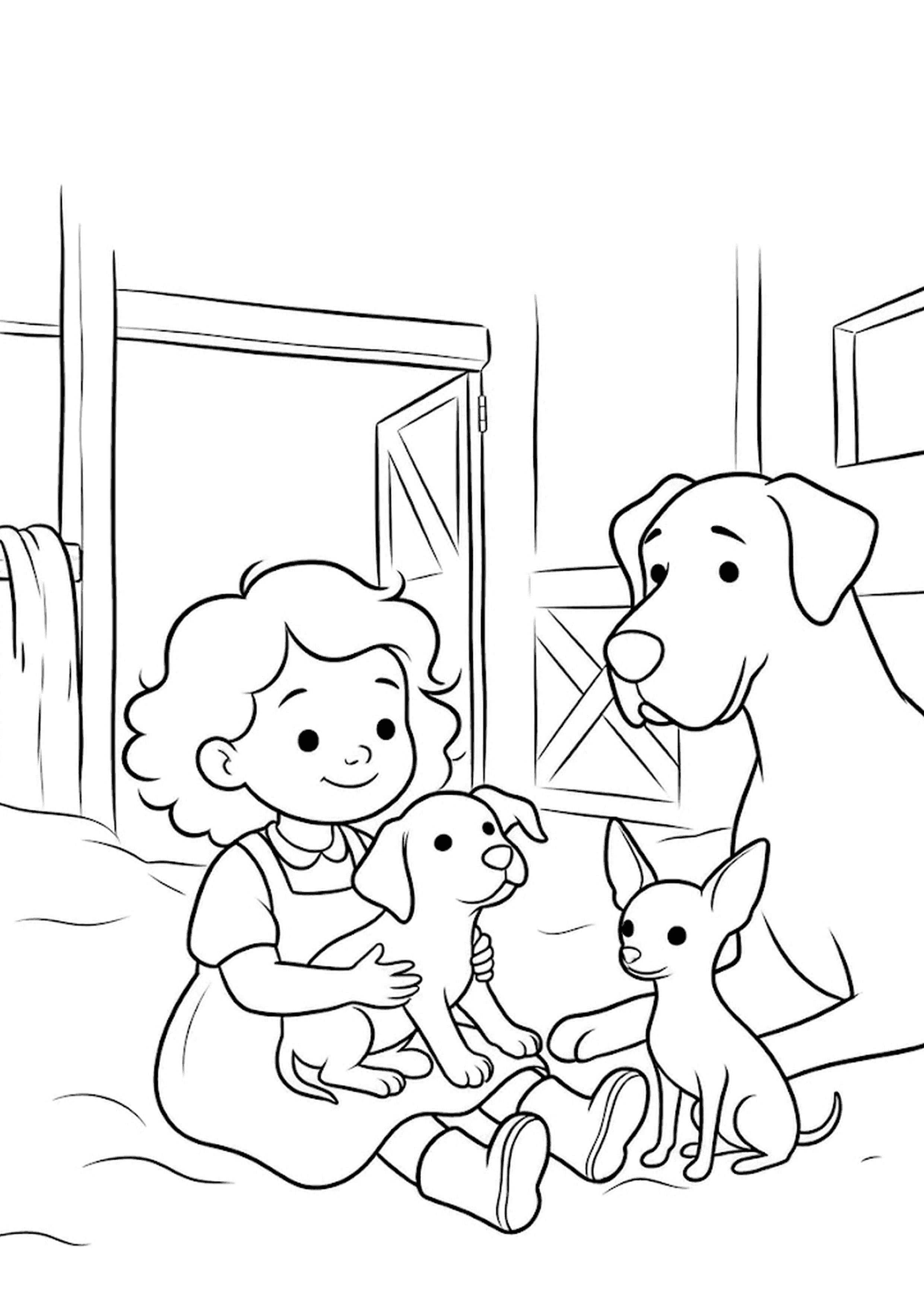 Simple colouring page of a girl holding a puppy with a Great Dane behind her.